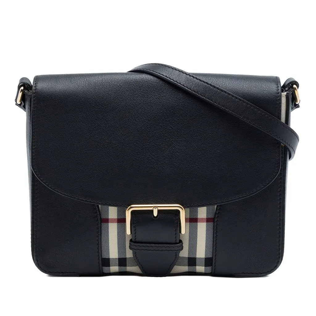 Burberry Small Haymarket Check Nylon and Leather Dickens Crossbody Black Leather Very good - Front View