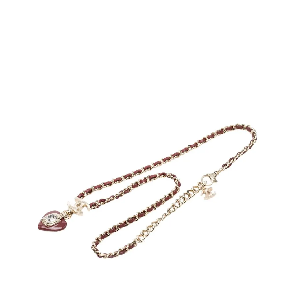Chanel CC Gold Plated and Leather Woven Crystal Resin Heart Pendant Necklace Gold Metal Very good - Front View