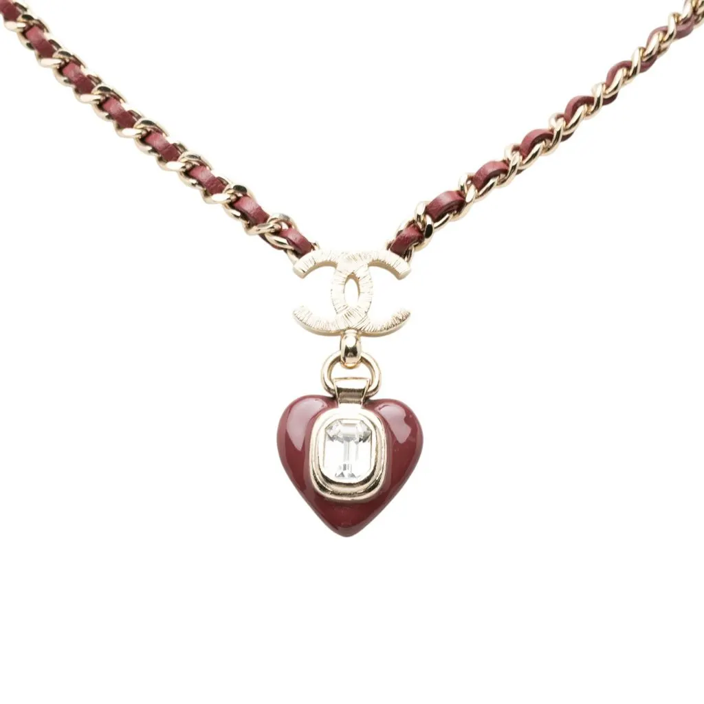 Chanel CC Gold Plated and Leather Woven Crystal Resin Heart Pendant Necklace Gold Metal Very good - Back View