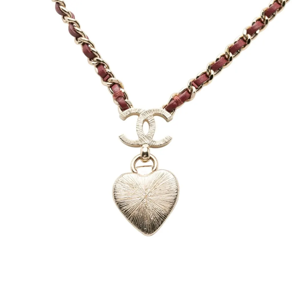 Chanel CC Gold Plated and Leather Woven Crystal Resin Heart Pendant Necklace Gold Metal Very good - Inside View