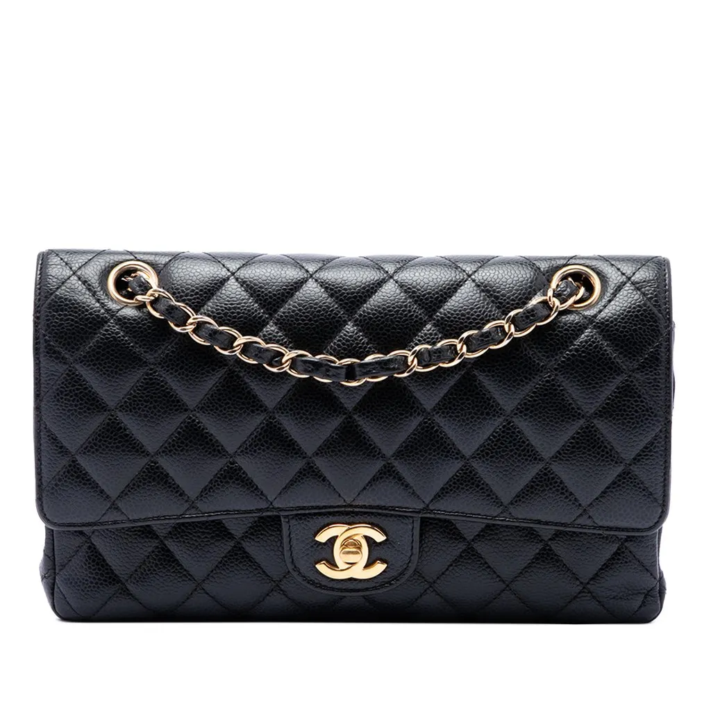 Chanel Medium Classic Caviar Double Flap Black Leather Very good - Front View