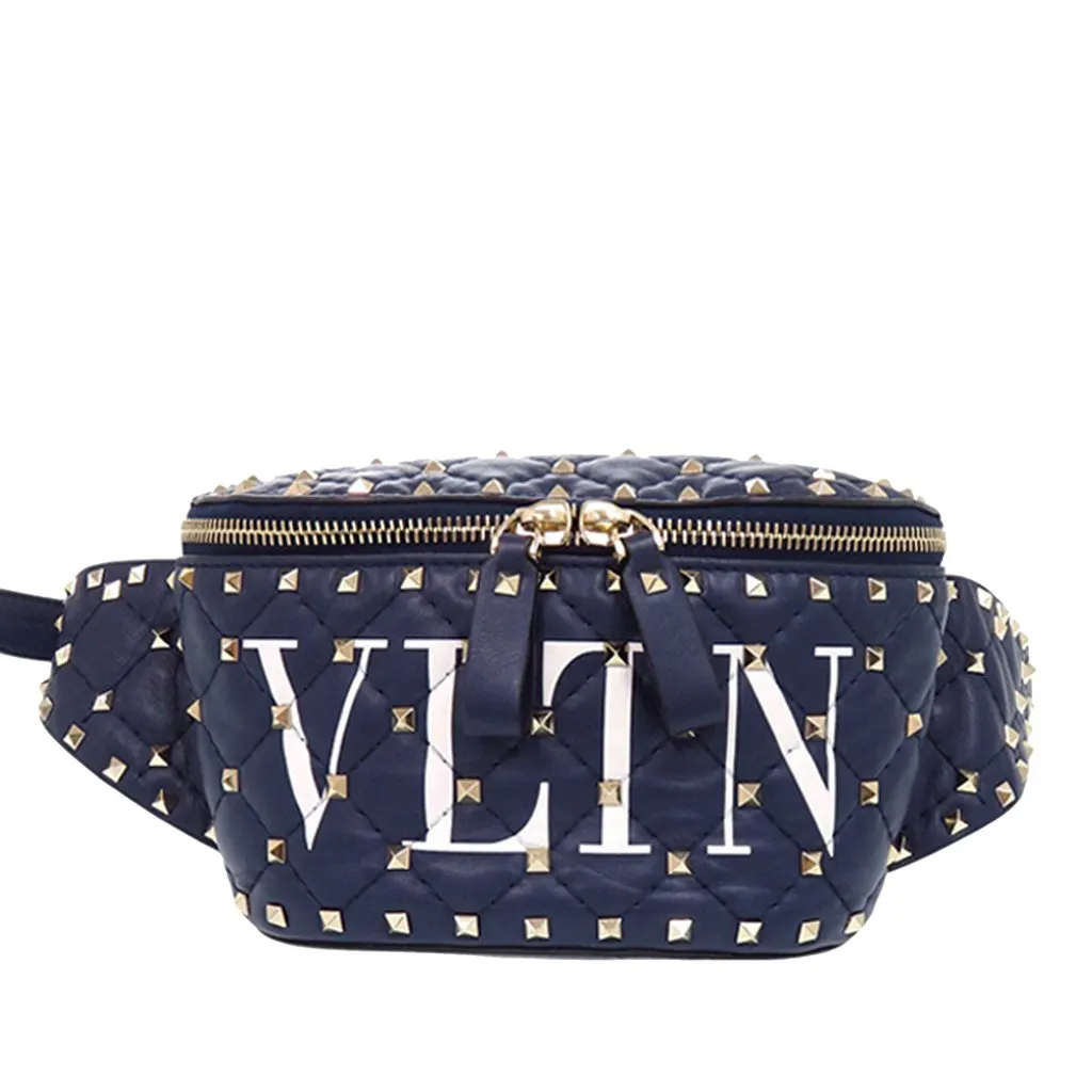 Valentino Quilted Lambskin VLTN Rockstud Spike Belt Bag Blue Leather Never worn - Front View
