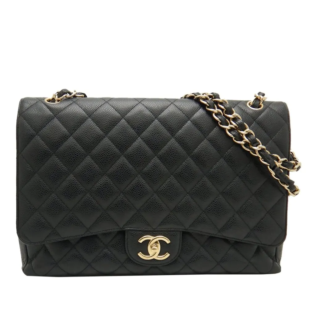 Chanel Maxi Classic Caviar Double Flap Black Leather Very good - Front View
