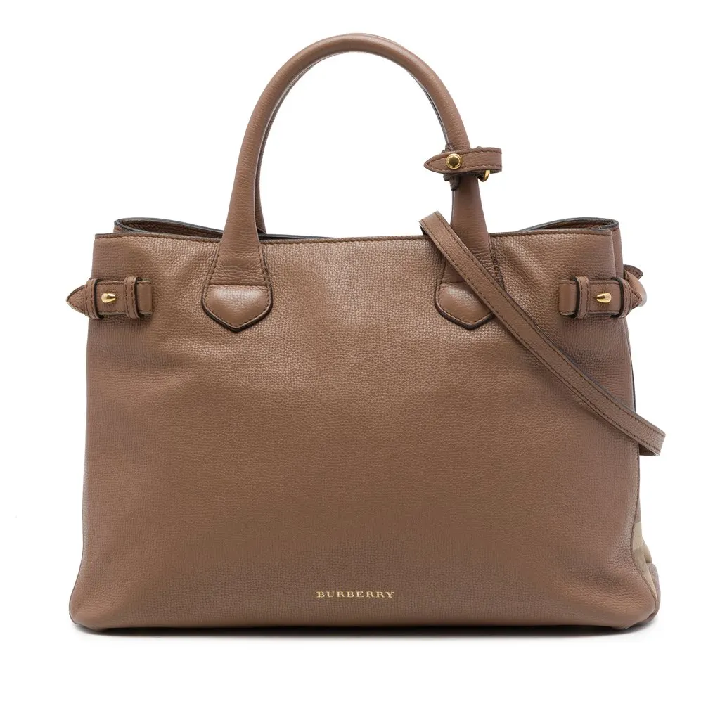 Burberry Medium Calfskin and House Check Banner Satchel Brown Leather Very good - Front View