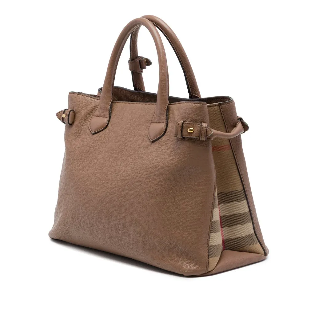 Burberry Medium Calfskin and House Check Banner Satchel Brown Leather Very good - Back View