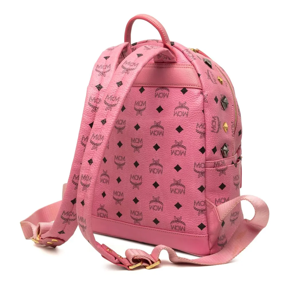 MCM Studded Visetos Coated Canvas Stark Backpack Pink Canvas Good - Back View