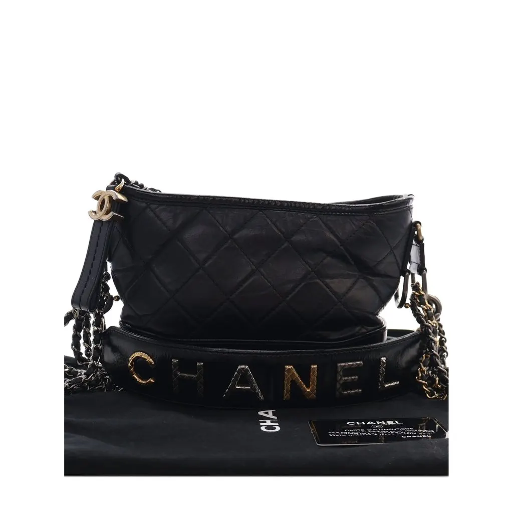 Chanel Small Quilted Aged Calfskin Gabrielle Hobo Black Leather Very good - Box View