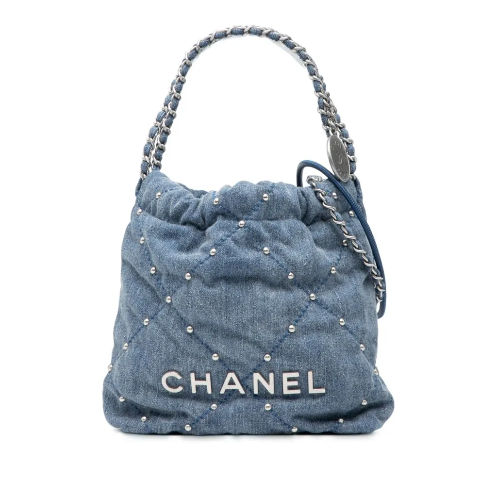 Chanel Mini Denim Studded 22 Handbag Blue Very good - Front View