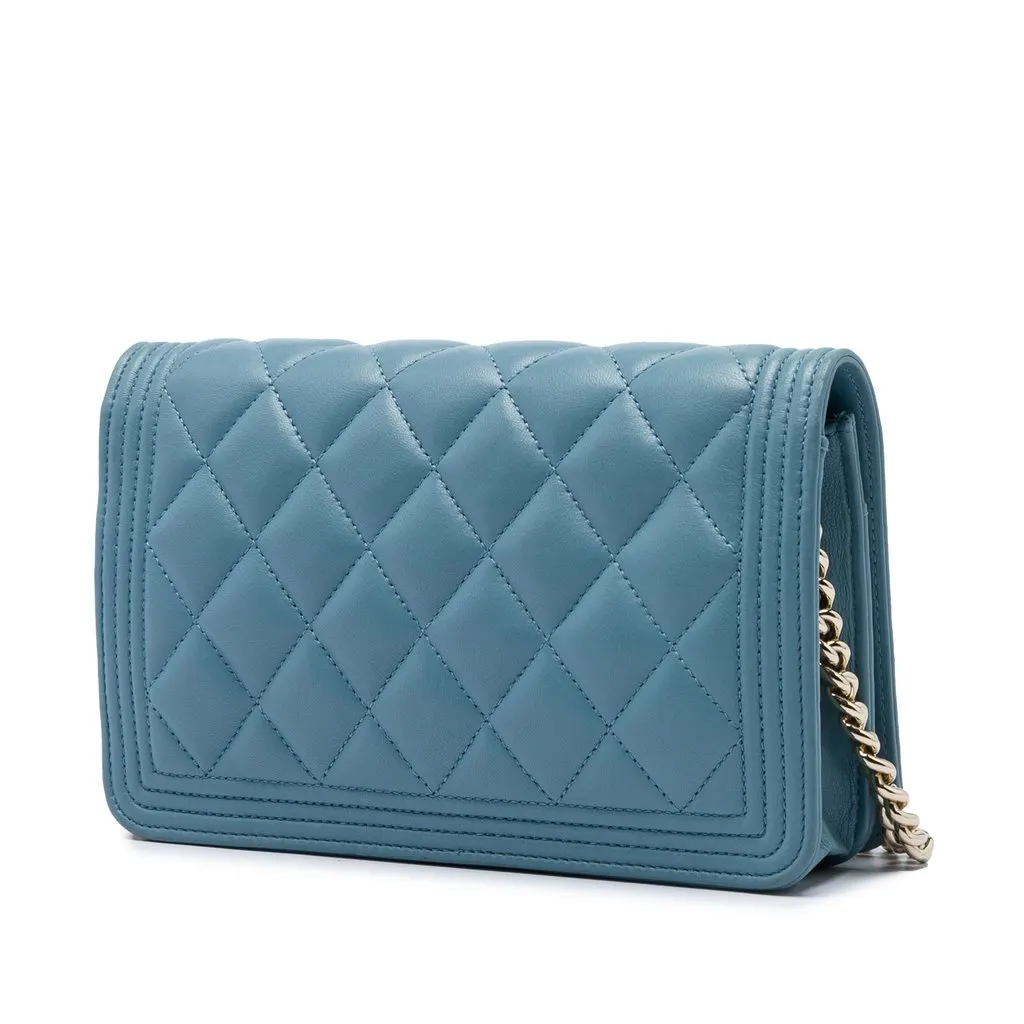 Chanel Quilted Lambskin Boy Wallet On Chain Blue Leather Very good - Back View