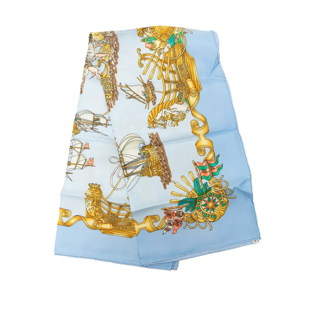 Hermès Vaisseaux et Fregates Silk Scarf 90 Blue Very good - Front View