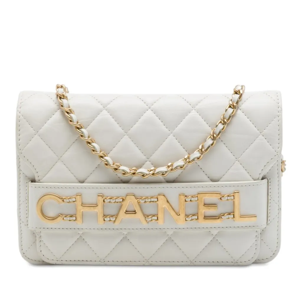 Chanel Quilted Calfskin Enchained Flap Wallet on Chain White Leather Very good - Front View
