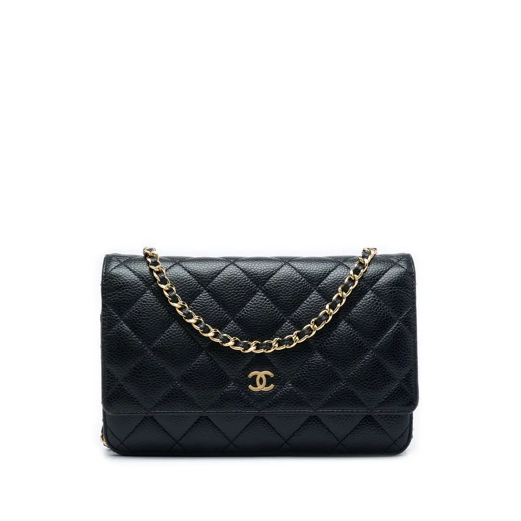 Chanel CC Quilted Caviar Wallet on Chain Black Leather Good - Front View