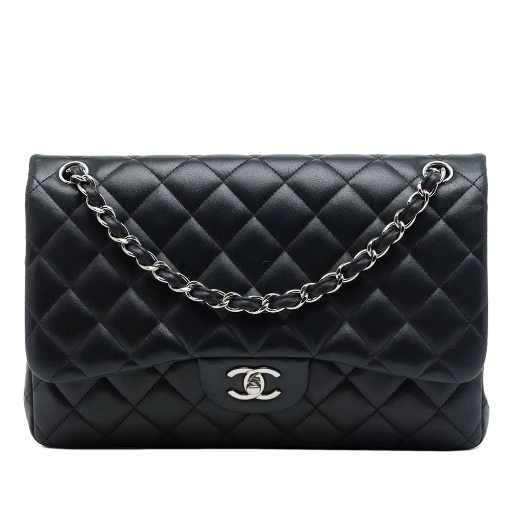 Chanel Jumbo Classic Lambskin Double Flap Black Leather Very good - Front View