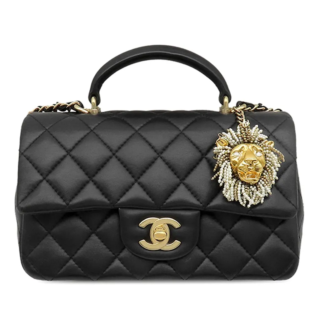 Chanel Mini Rectangular Classic Lambskin Lion Charm Top Handle Flap Black Leather Good - Front View