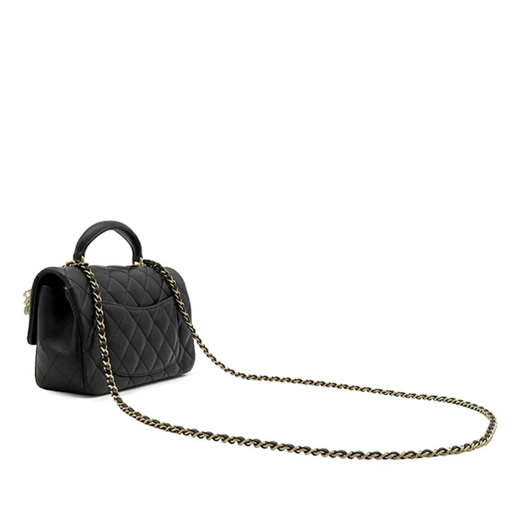 Chanel Mini Rectangular Classic Lambskin Lion Charm Top Handle Flap Black Leather Good - Back View