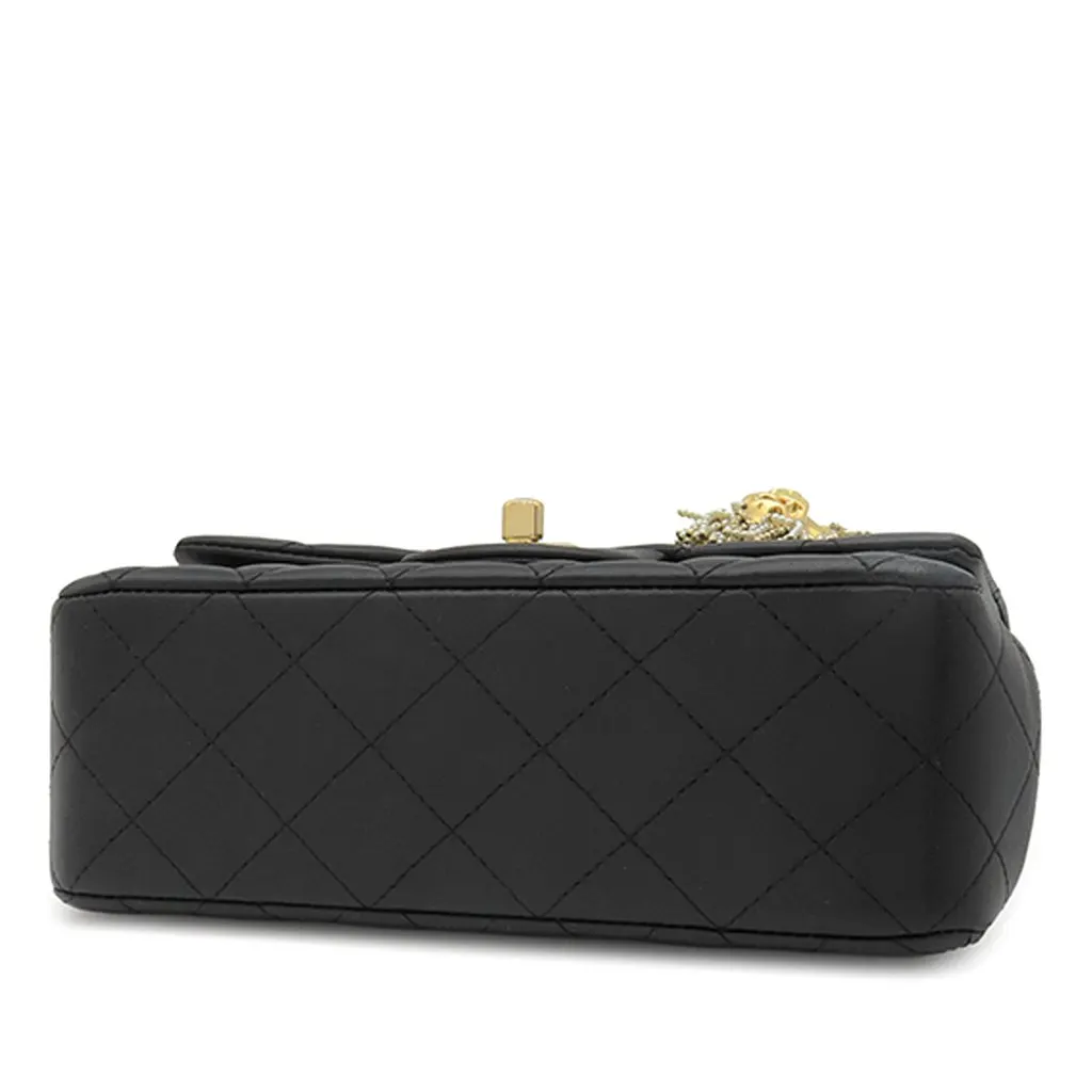 Chanel Mini Rectangular Classic Lambskin Lion Charm Top Handle Flap Black Leather Good - Inside View