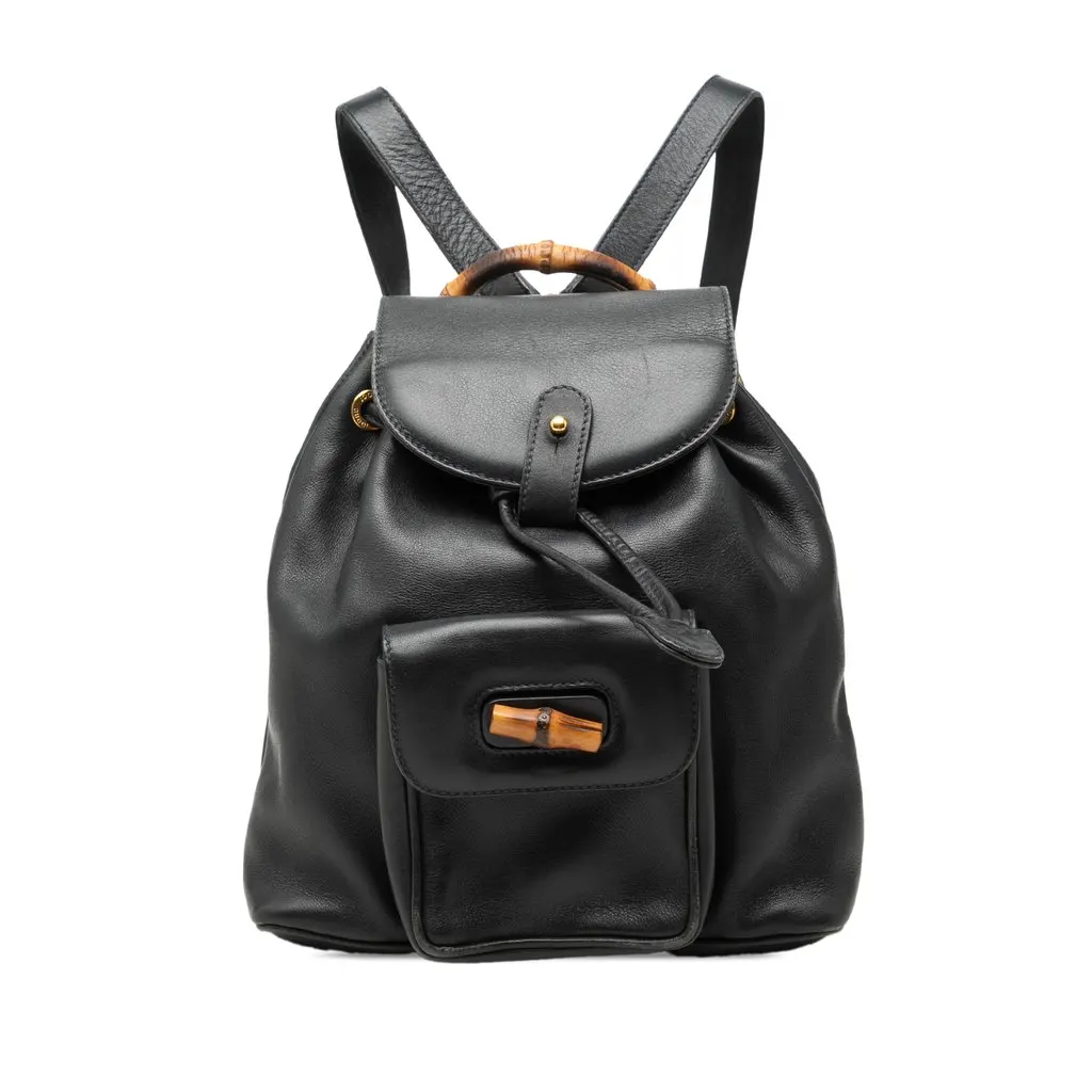Gucci Calfskin Bamboo Drawstring Backpack Black Leather Good - Front View