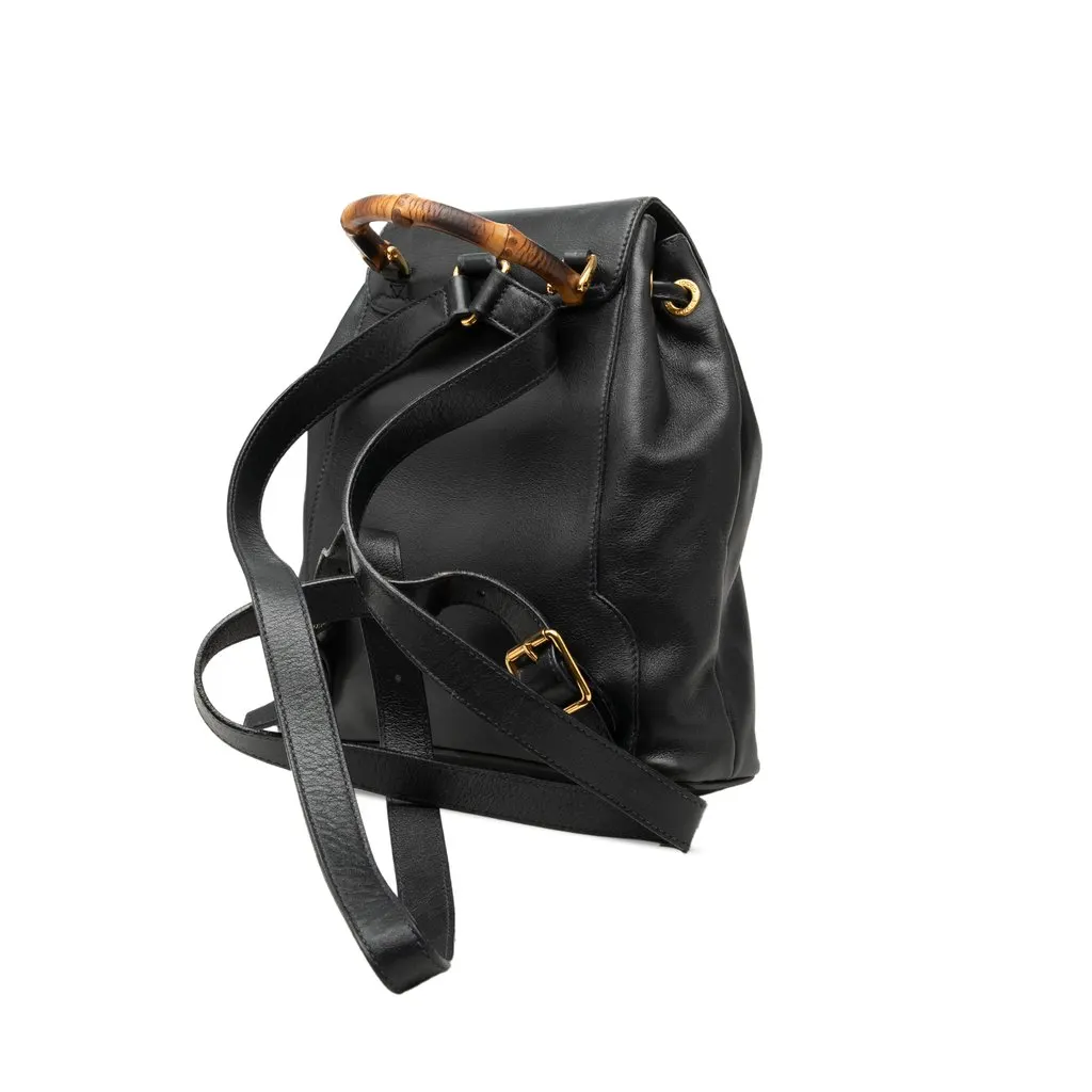 Gucci Calfskin Bamboo Drawstring Backpack Black Leather Good - Back View