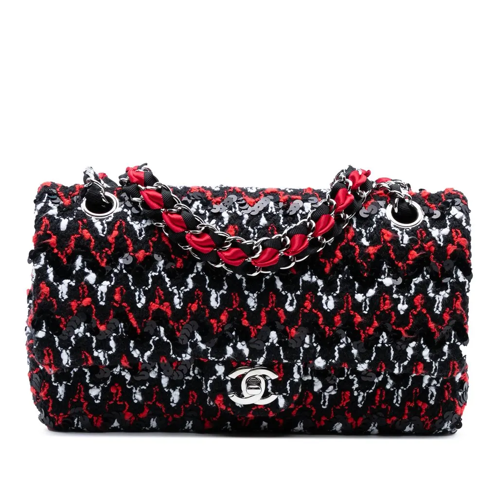 Chanel Medium Classic Tweed Sequins Double Flap Black Good - Front View