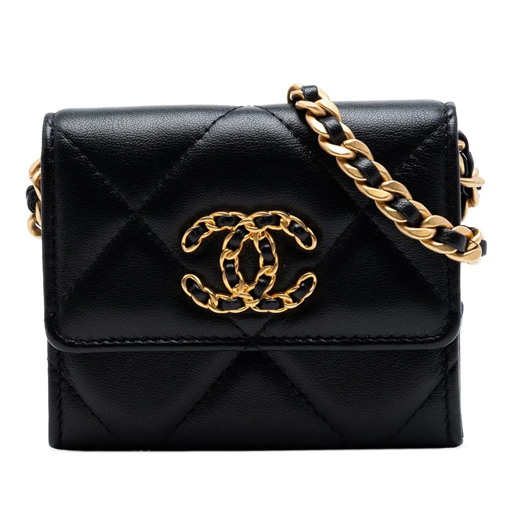 Chanel Quilted Lambskin 19 Flap Coin Purse With Chain Black Leather Very good - Front View