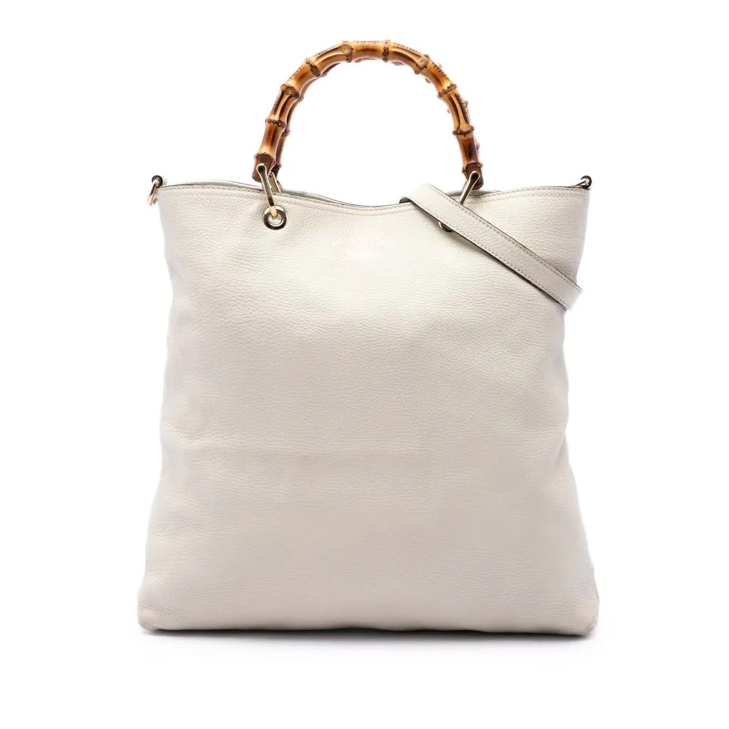 Gucci Tall Calfskin Bamboo Shopper Tote White Leather Very good - Front View