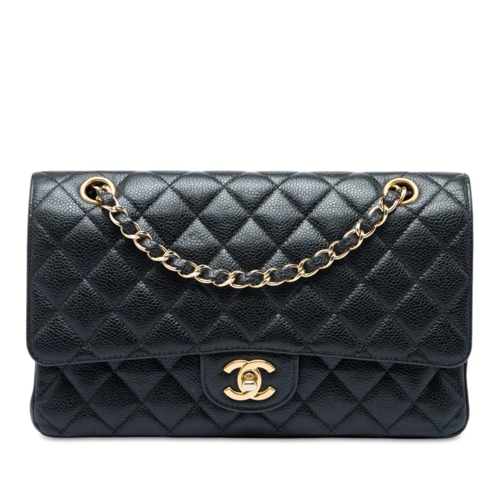 Chanel Medium Classic Caviar Double Flap Black Leather Very good - Front View