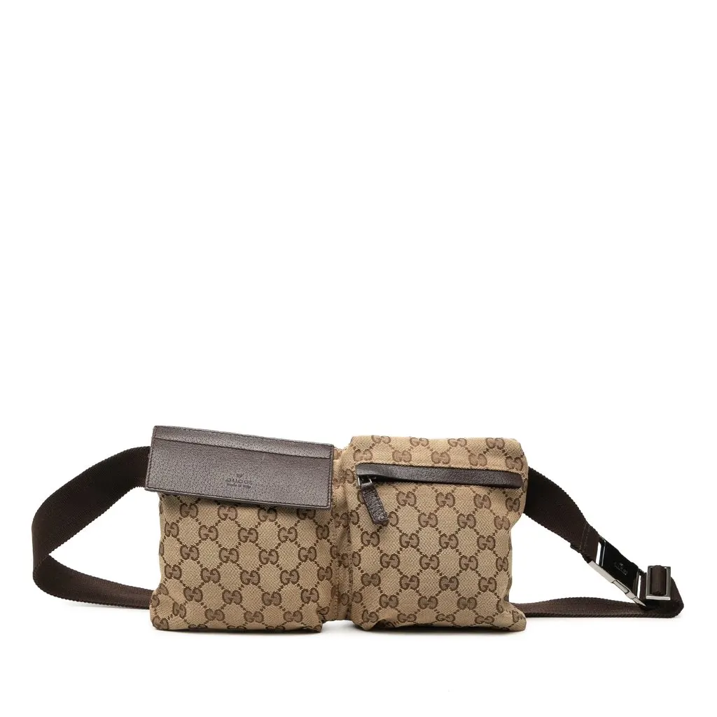 Gucci GG Canvas Double Pocket Belt Bag Beige Canvas Good - Front View