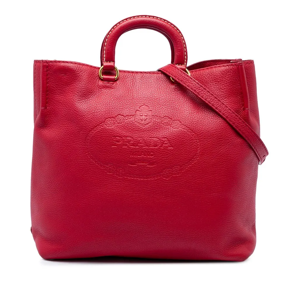 Prada Vitello Daino Canapa Logo Open Convertible Tote Red Leather Very good - Front View