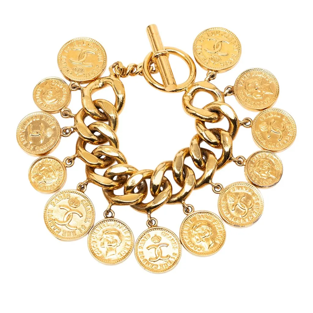 Chanel CC Gold Plated Coins Charm Bracelet Gold Metal Very good - Front View