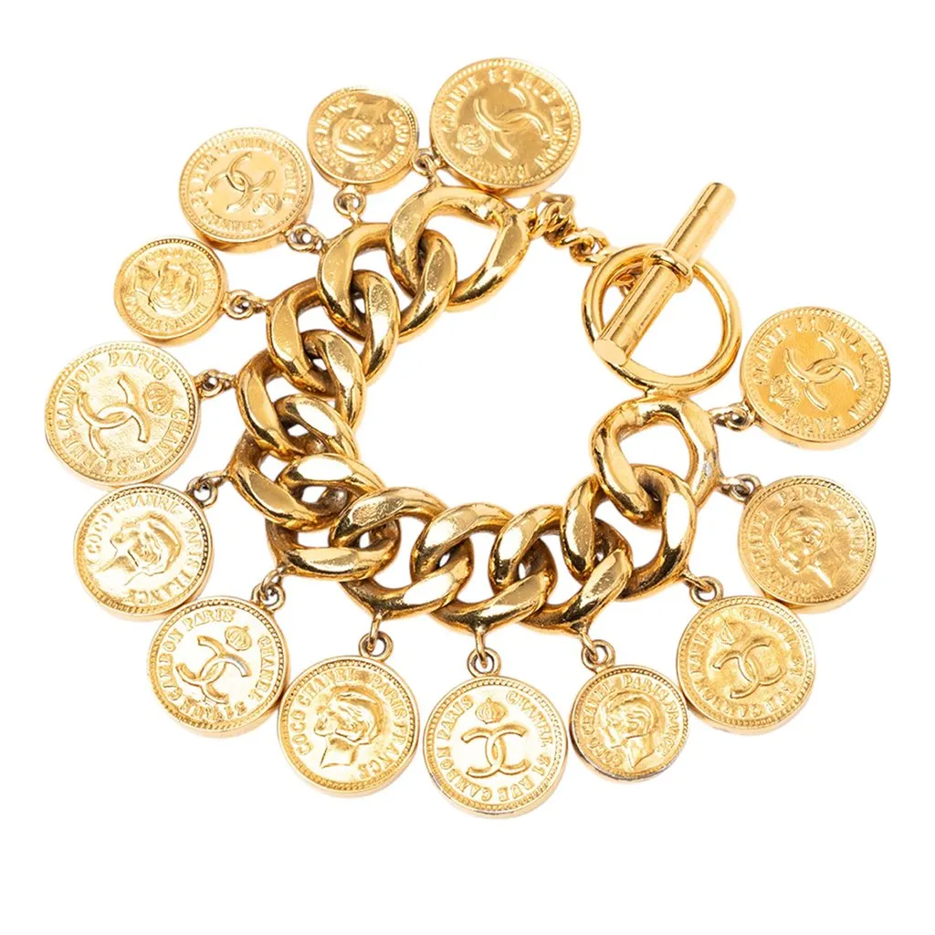 Chanel CC Gold Plated Coins Charm Bracelet Gold Metal Very good - Back View
