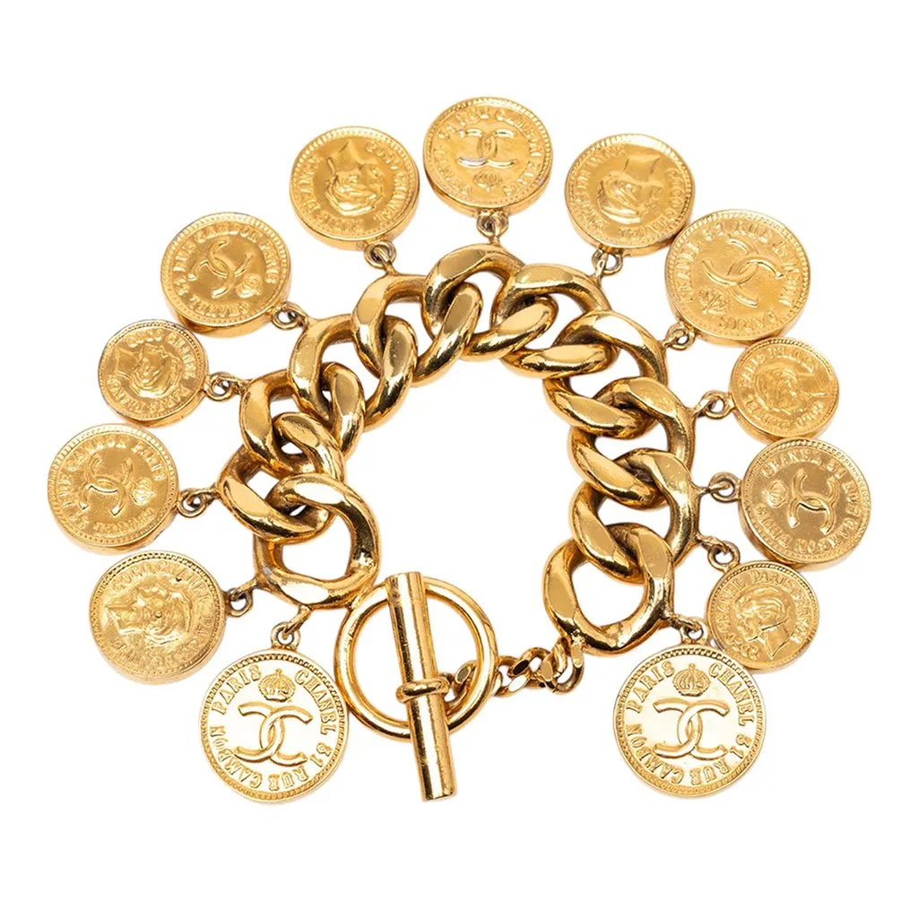 Chanel CC Gold Plated Coins Charm Bracelet Gold Metal Very good - Inside View