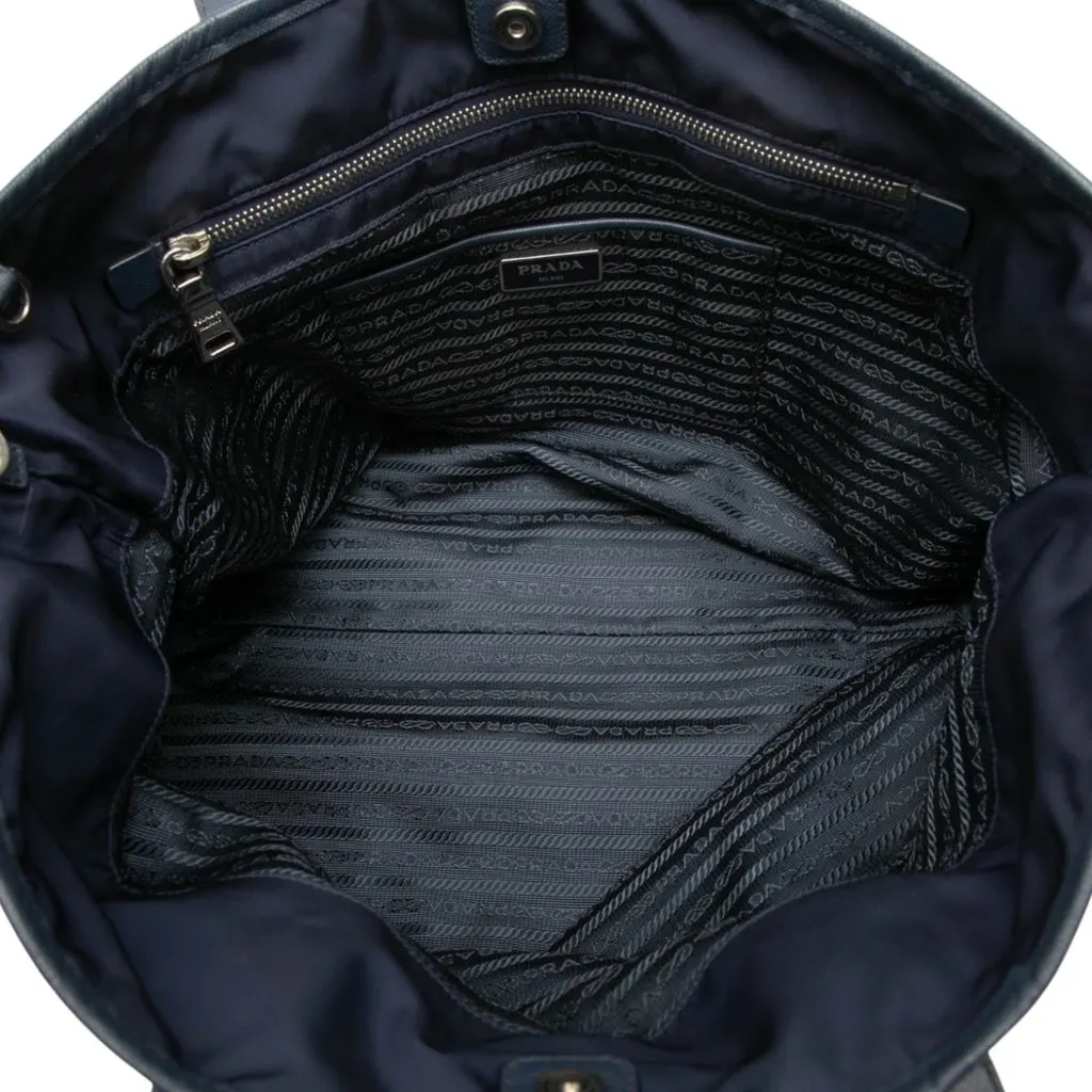 Prada Saffiano Trimmed Tessuto Tote Blue Very good - Model View
