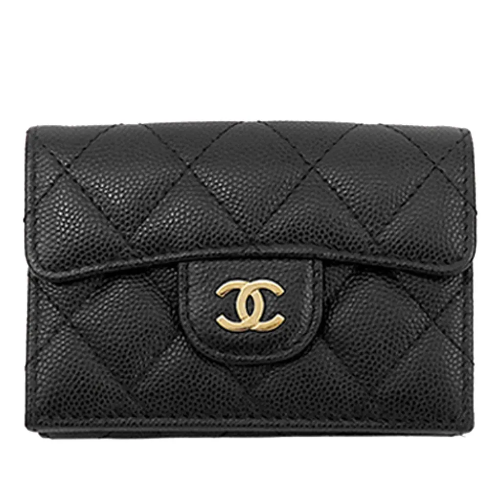 Chanel CC Quilted Caviar Flap Card Holder Wallet Black Leather Very good - Front View