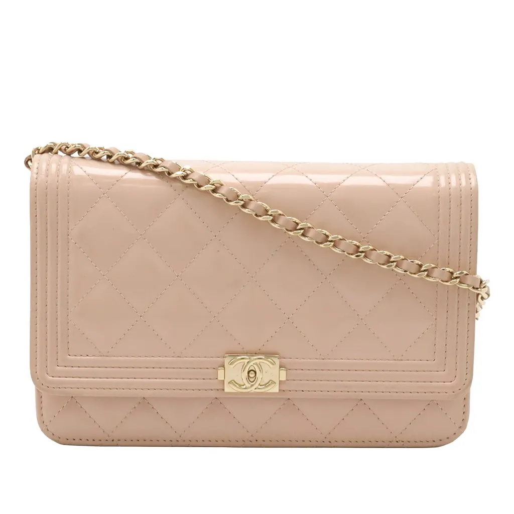 Chanel Quilted Patent Boy Wallet on Chain Pink Leather Very good - Front View