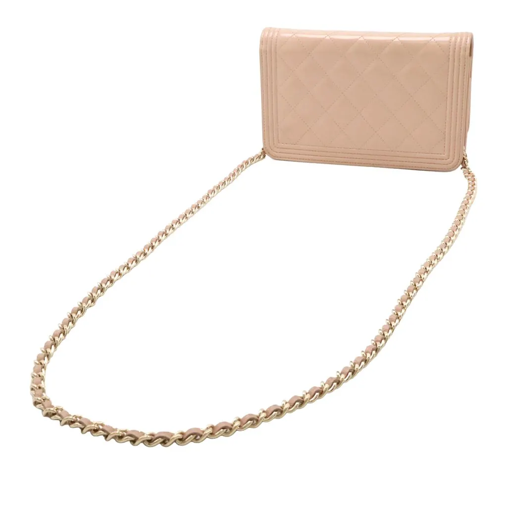 Chanel Quilted Patent Boy Wallet on Chain Pink Leather Very good - Back View