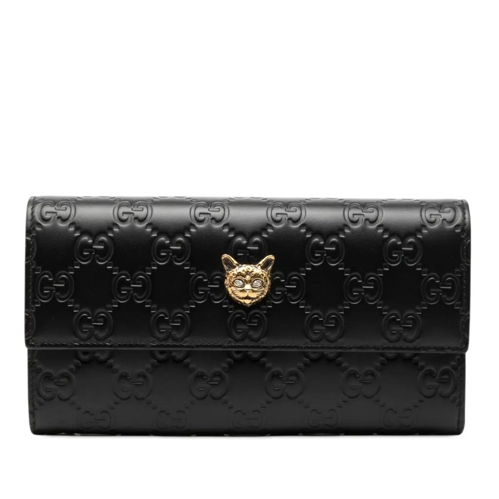 Gucci Guccissima Signature Crystal Cat Continental Wallet Black Leather Very good - Front View