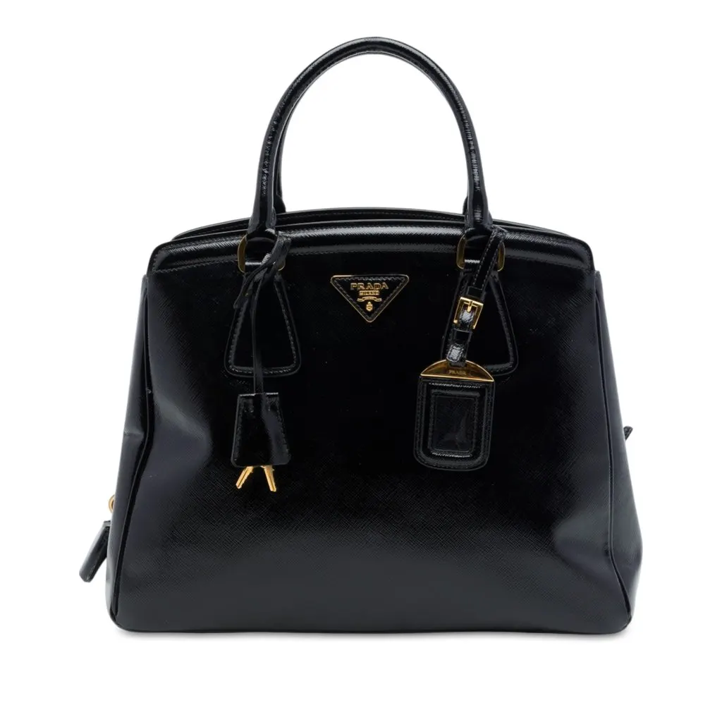 Prada Medium Saffiano Vernice Parabole Tote Black Leather Good - Front View