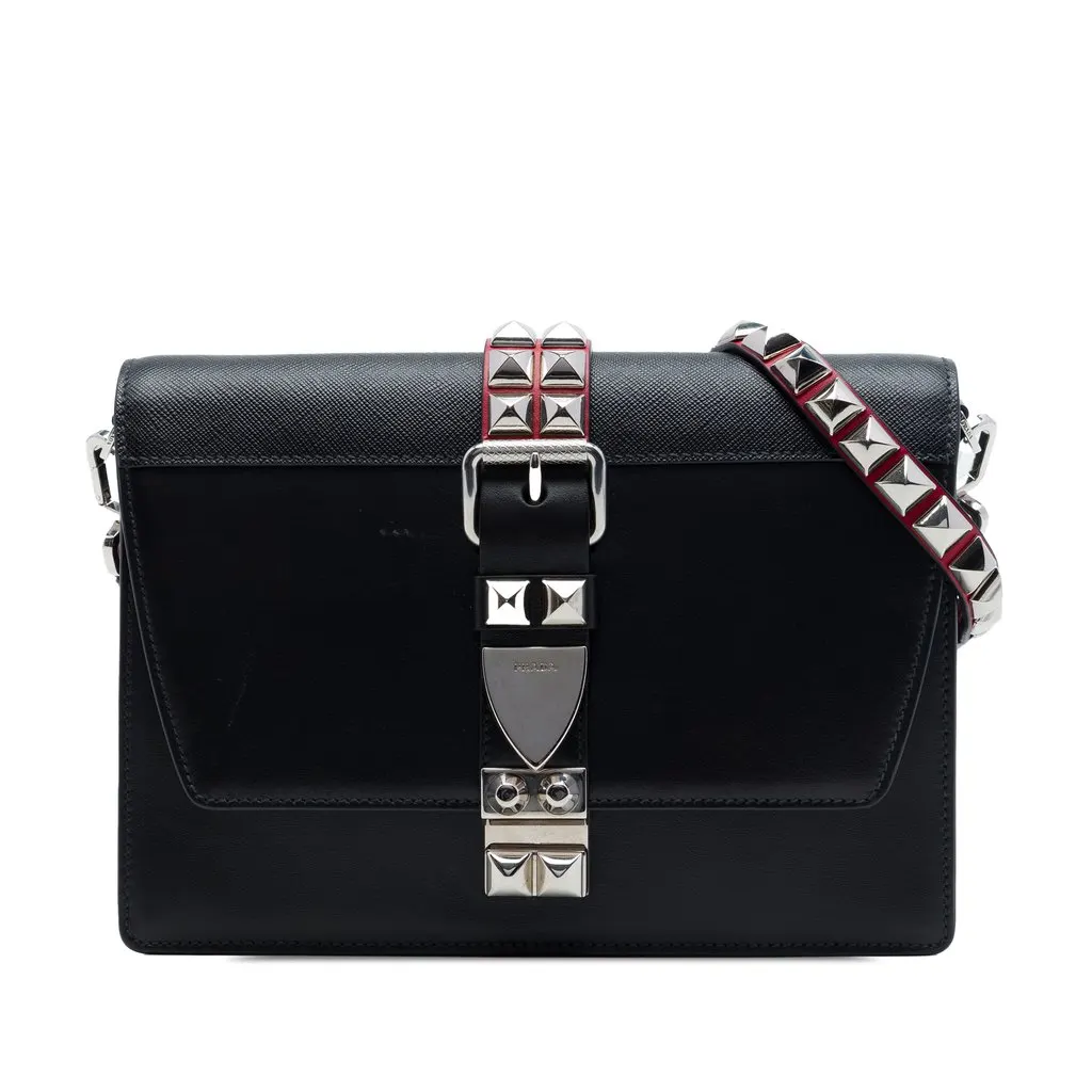 Prada City Calfskin and Saffiano Studded Elektra Crossbody Black Leather Very good - Front View