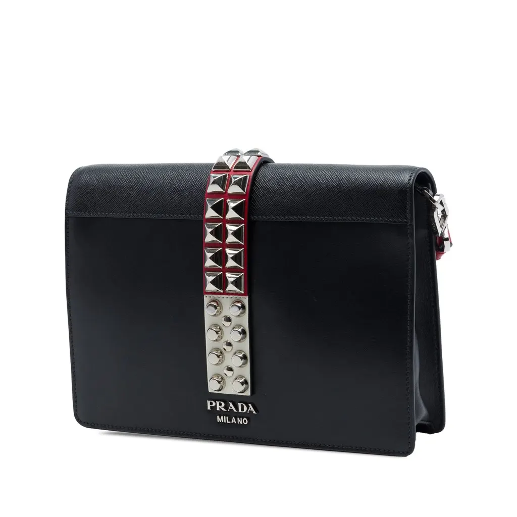 Prada City Calfskin and Saffiano Studded Elektra Crossbody Black Leather Very good - Back View