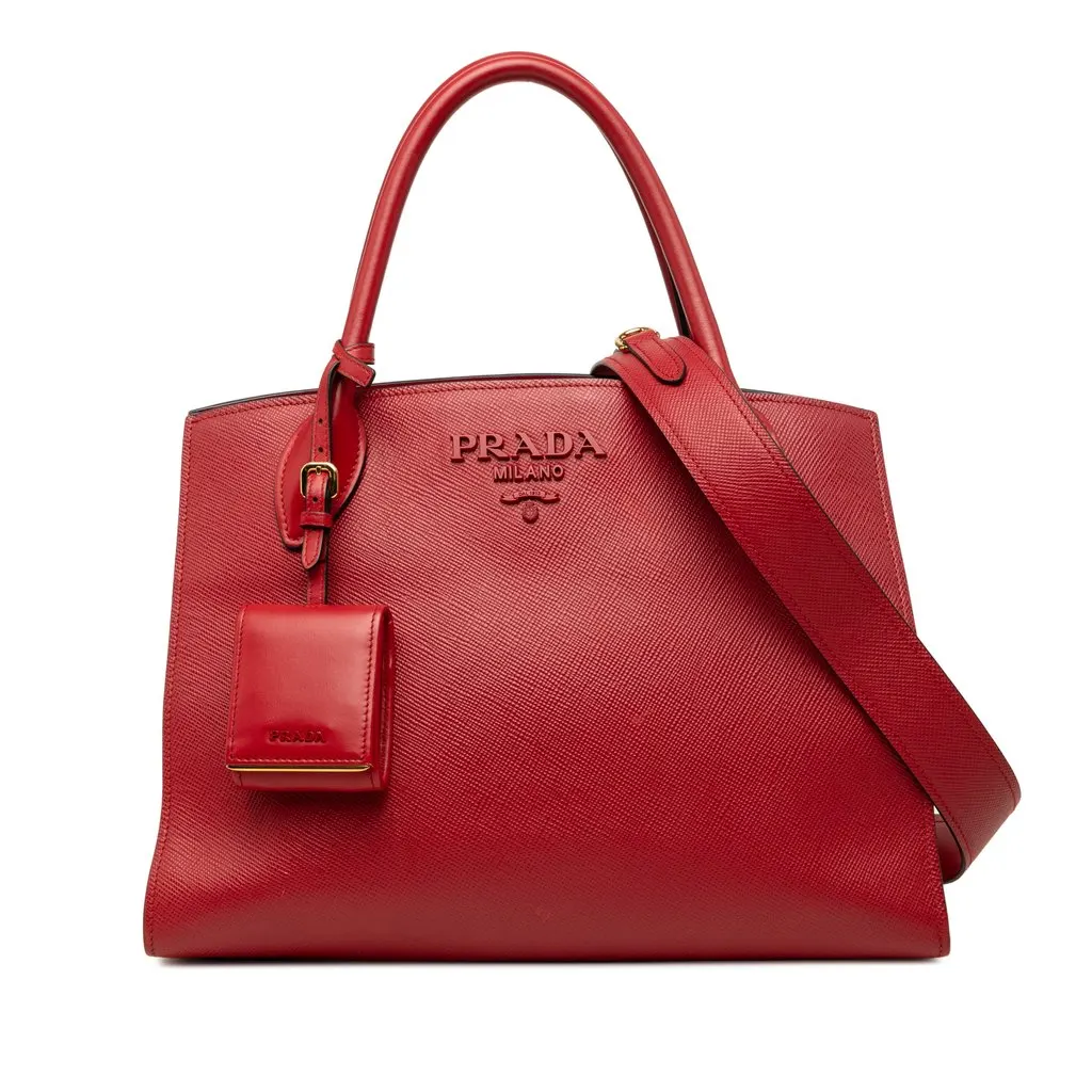 Prada Medium Saffiano Cuir Monochrome Top Handle Tote Red Leather Good - Front View