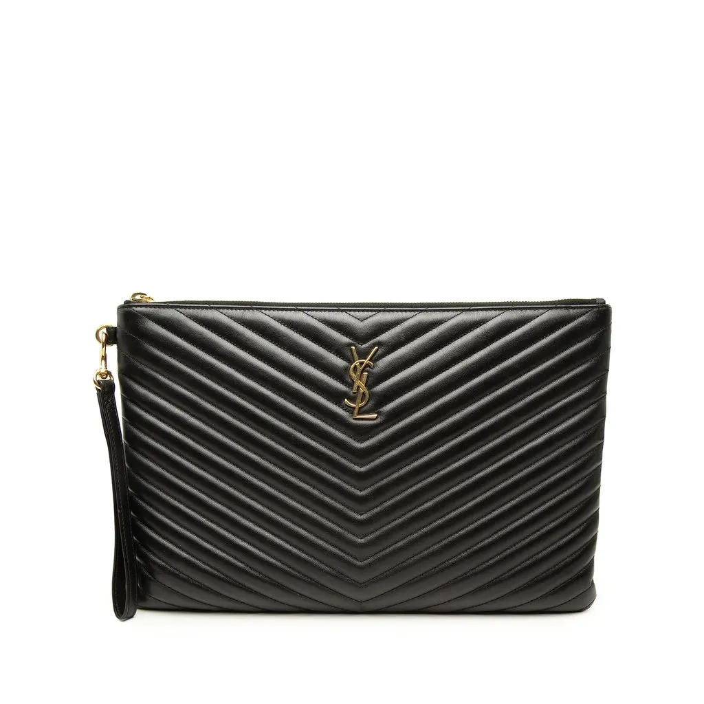 Saint Laurent Chevron Leather Monogram Document Holder Black Leather Good - Front View