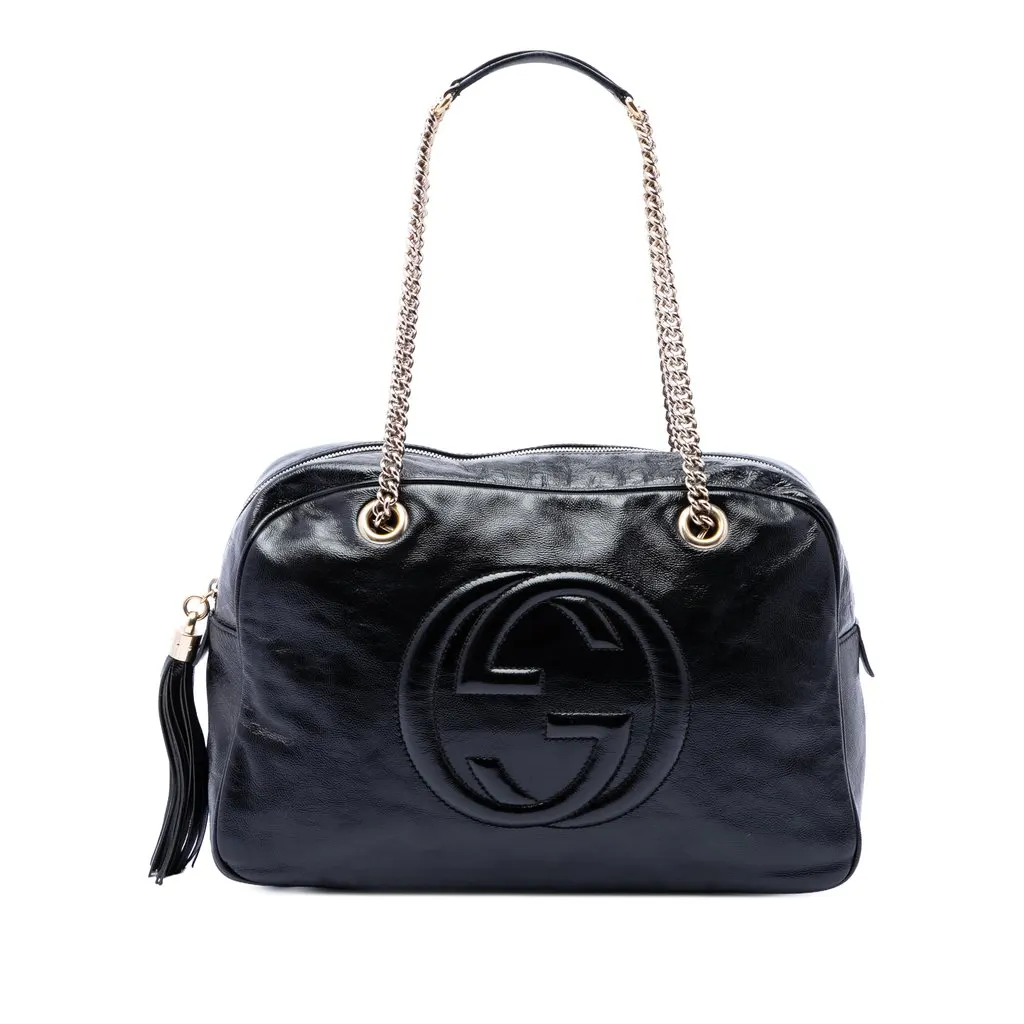 Gucci Patent Soho Chain Shoulder Bag Black Leather Very good - Front View