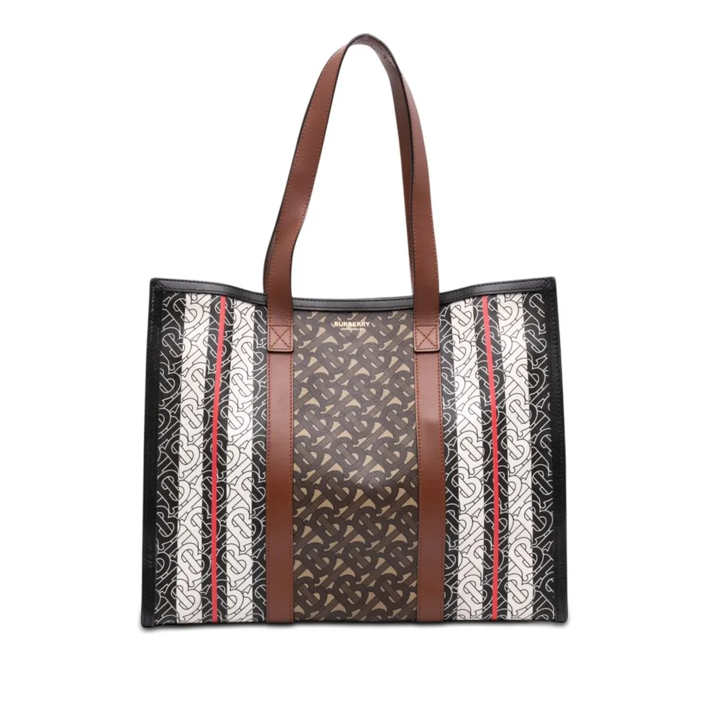 Burberry TB Monogram E Canvas Stripe Book Tote Brown Very good - Front View