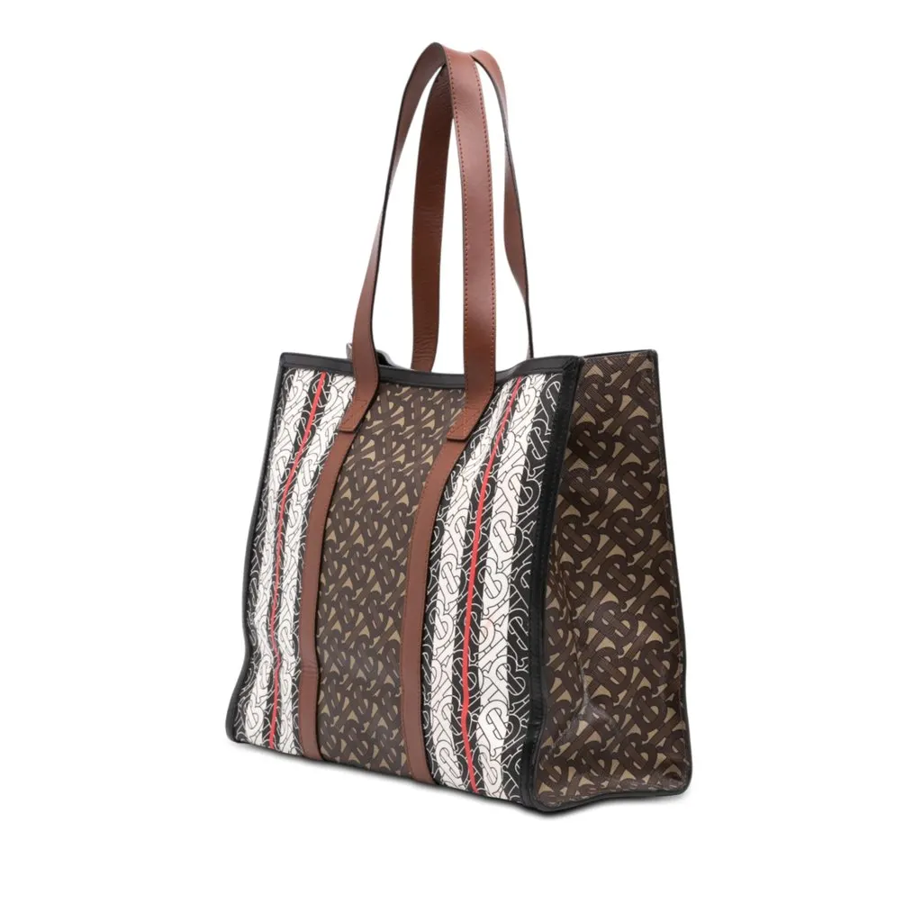 Burberry TB Monogram E Canvas Stripe Book Tote Brown Very good - Back View