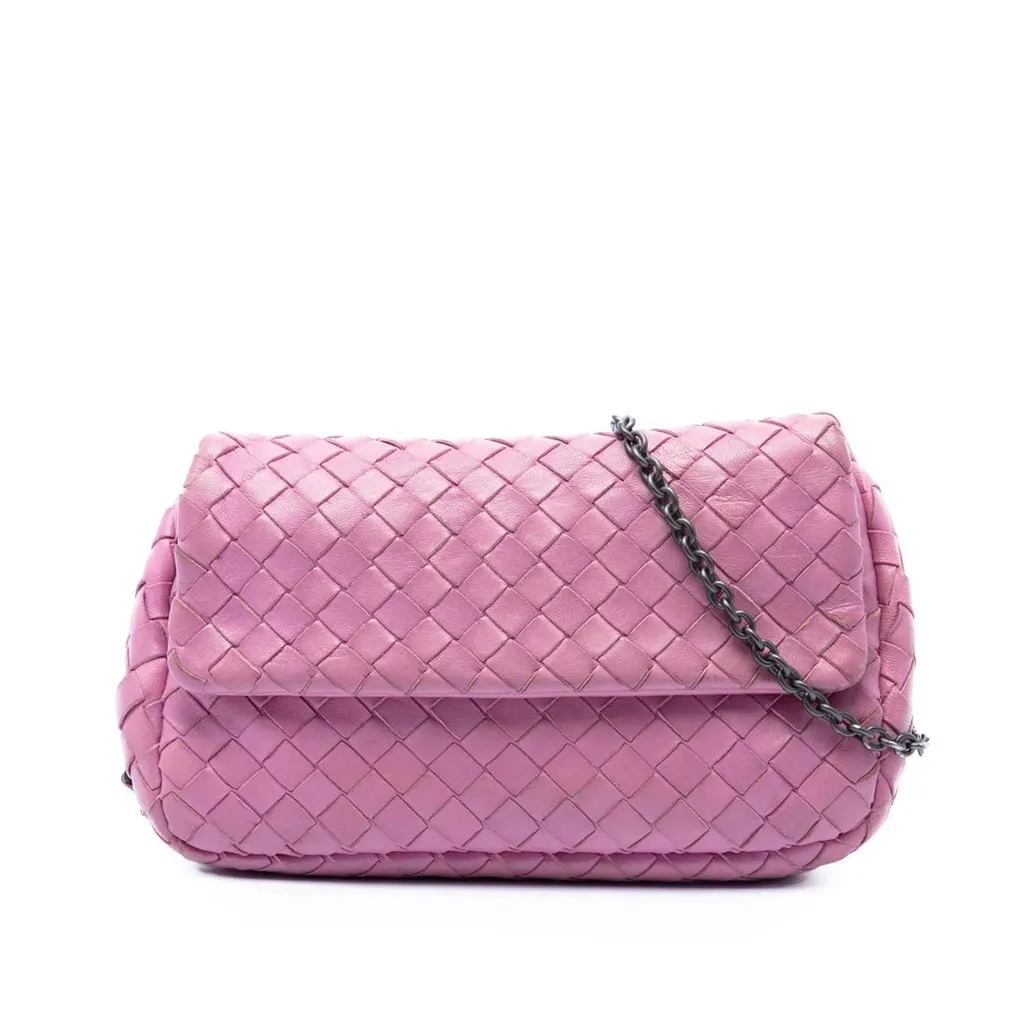 Bottega Veneta Mini Nappa Intrecciato Expandable Chain Flap Crossbody Pink Leather Very good - Front View