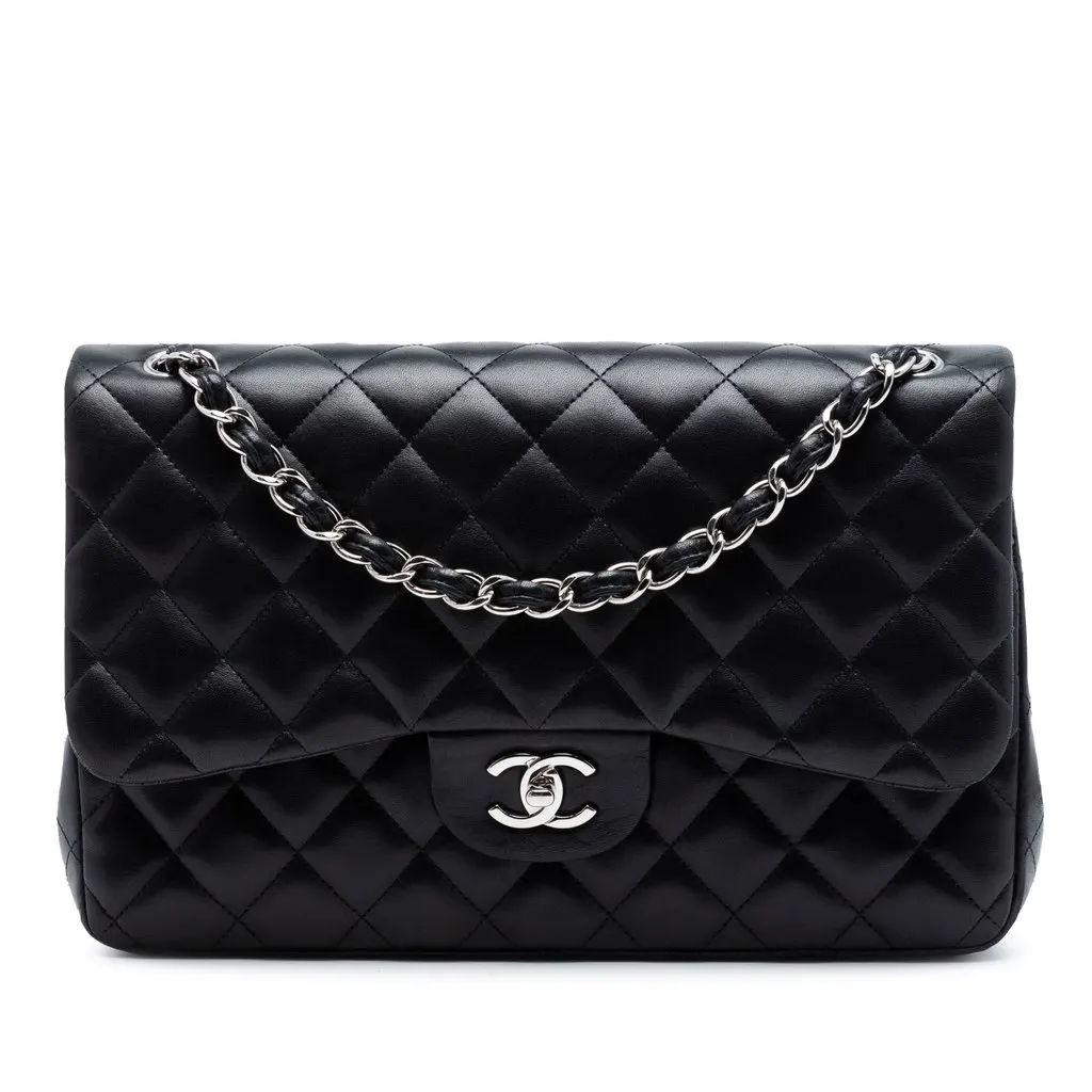 Chanel Jumbo Classic Lambskin Double Flap Black Leather Very good - Front View