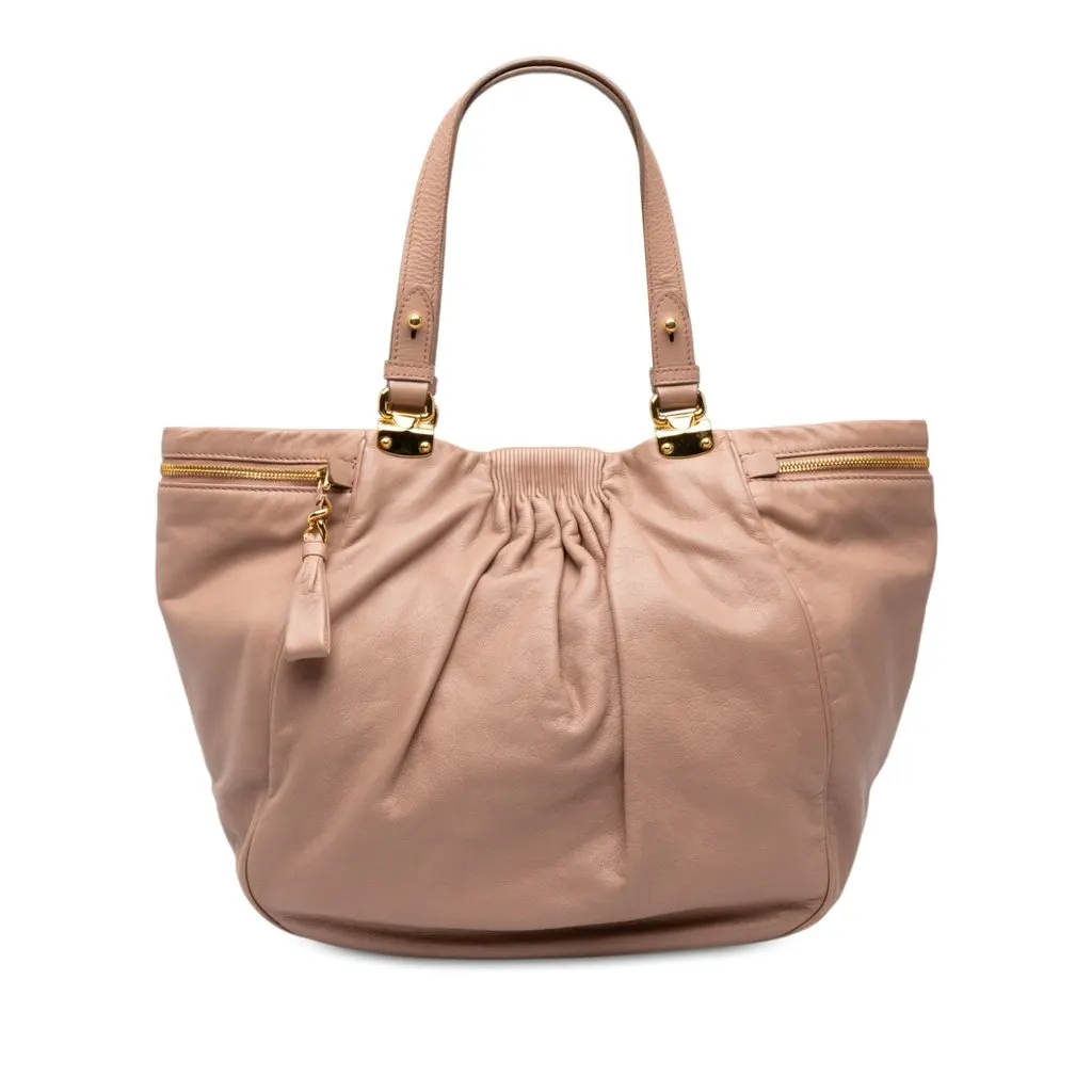 Miu Miu Lambskin Side Pocket Tote Pink Leather Good - Front View