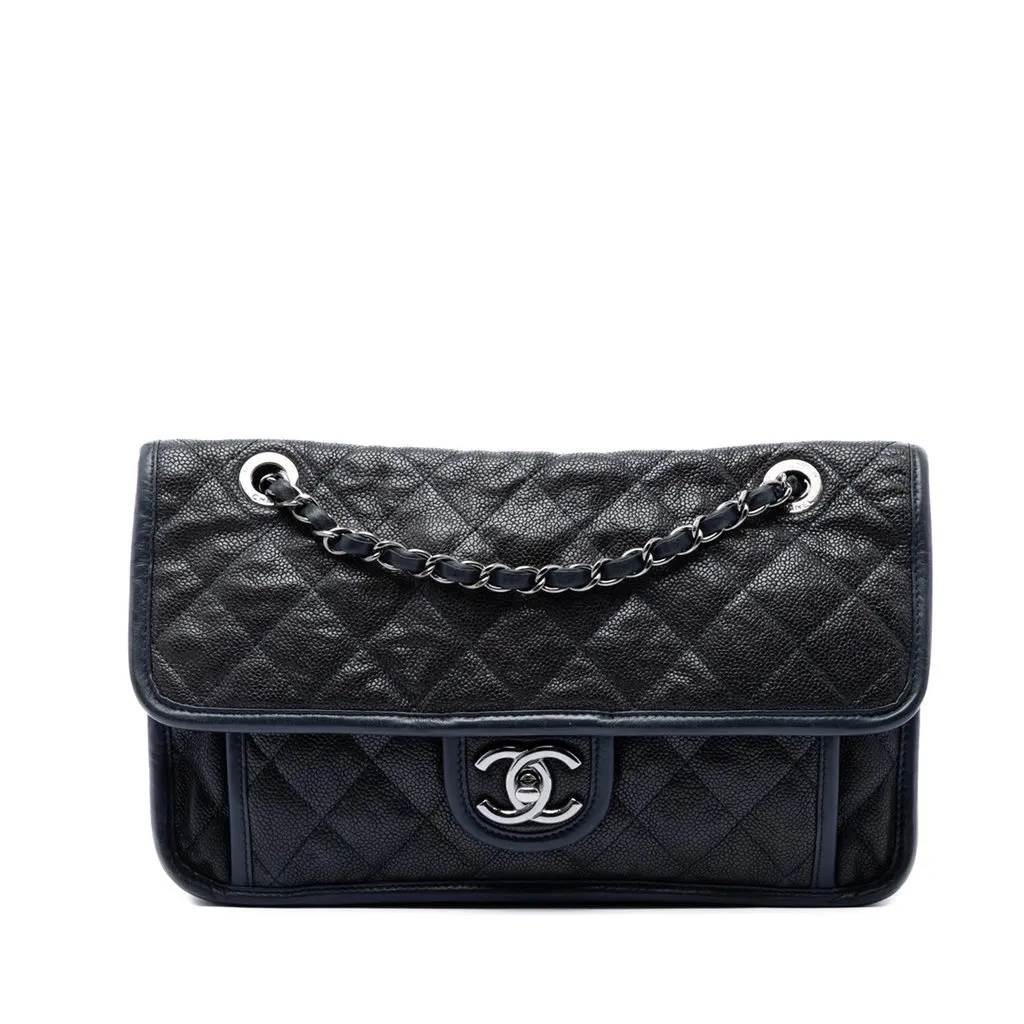 Chanel Medium Quilted Caviar French Riviera Flap Blue Leather Very good - Front View