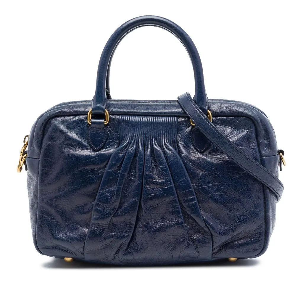 Miu Miu Vitello Lux Pleated Satchel Blue Leather Very good - Front View