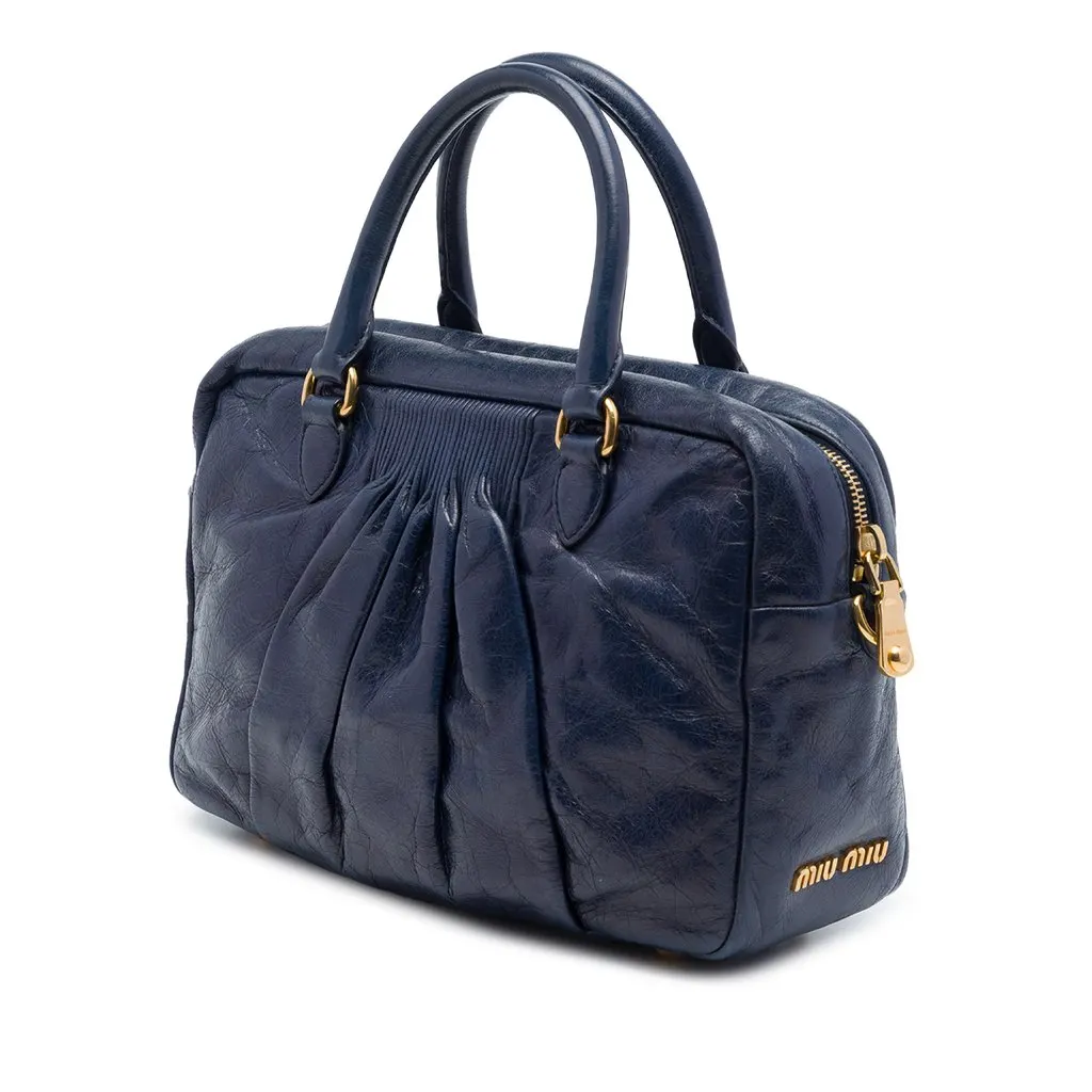 Miu Miu Vitello Lux Pleated Satchel Blue Leather Very good - Back View